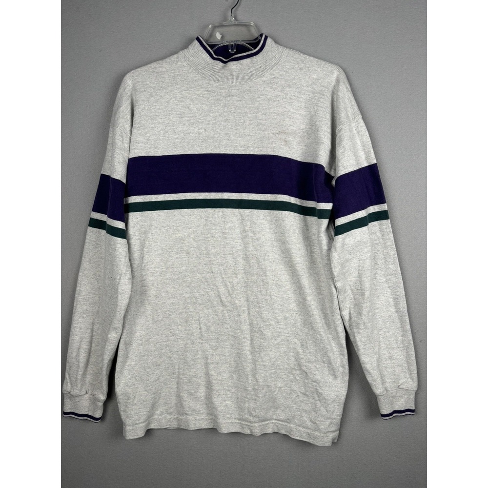 Vintage LL Bean Sweater Mens L Gray Striped Mock Neck 90s Freeport Maine 3418